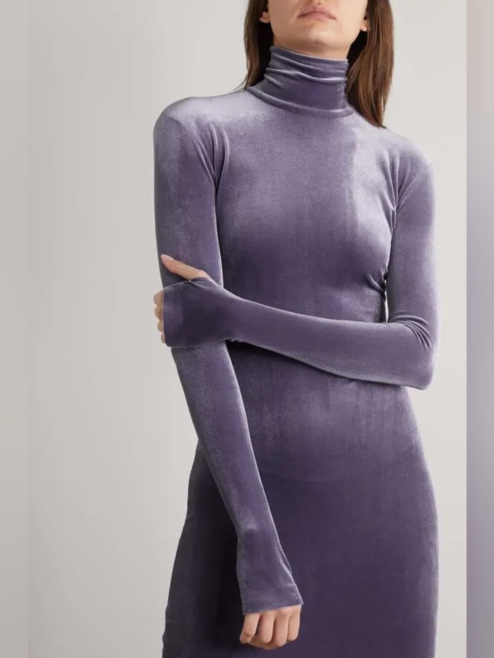 NORMA KAMALI Metallic Stretch-Velvet Turtleneck Mini Dress Lilac Purple Med/38